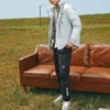 Jednobarevná péřová bunda s kapucí a zipem „Black Grey White“
